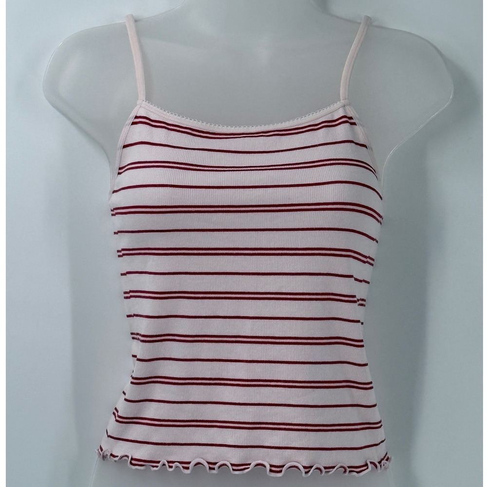 Bliss Pink Red Striped Ribbed Lettuce Edge Tank Top womens L preppy indie y2k